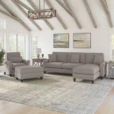 Bush Furniture Hudson 102w Sectional Couch With Reversible Chaise Lounge Accent Chair And Ottoman In Beige Herringbone