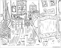 Coloring pages of van gogh's bedroom, cypresses, cottages, flowering garden, haystacks, mulberry tree, starry night, and sunflowers by artist marin mercer. Bedroom At Arles By Vincent Van Gogh Coloring Pages Arts Culture Coloring Pages Coloring Pages For Kids And Adults