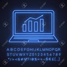 Statistics Neon Light Icon Laptop Display With Market Growth