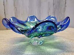 Vtg Art Glass Pedestal Footed Blue
