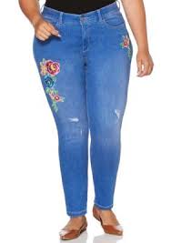 Rafaella Plus Size Distressed Floral Embroidered Skinny Jean