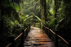 explore tropical forest by wooden path