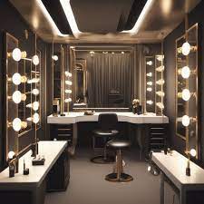 a makeup room with mirrors and lights