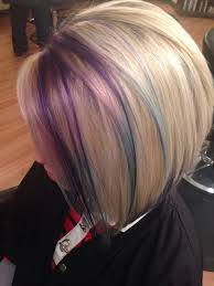 Asymmetric short style with bang softly highlighted in blonde. Purple Blue Hair Blonde Hair Purple Hair Pink Blonde Hair Hair Styles Hair