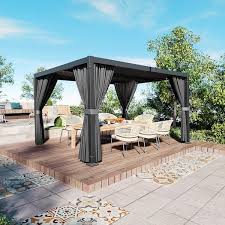 Egeiroslife 10 Ft X 13 Ft Aluminum Louvered Pergola With Adjustable Roof And Gray Curtains Black