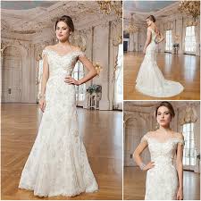 Wholesale 2015 Fall Lillian West Bridal Wedding Dresses Lace Mermaid Off Shoulder Sleeves Buttons Back Applique Beads Bridal Gowns Short Bridal Gowns