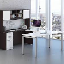 Bestar prestige plus u shaped desk with hutch features 1 commercial grade work surfaces with a melamine finish that resists… desk and credenza each have one pedestal with 2 box drawers and 1 file drawer. Laminate U Shaped Desk With Hutch 8 Colors Mcaleer S Office Furniture Mobile Al