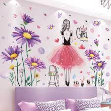 Cartoon Girl Wall Stickers Flowers