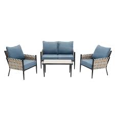 Hampton Bay Dockview 4 Piece Metal Outdoor Patio Conversation Set With Blue Cushions 505 0560 000
