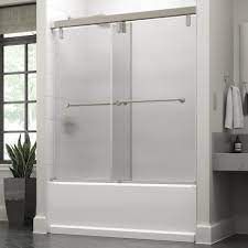 Designing your shower or bathtub door has never been easier. Delta Lyndall 60 X 59 1 4 In Frameless Mod Soft Close Sliding Bathtub Door In Nickel With 3 8 In 10mm Rain Glass Sd3442369 The Home Depot Bathtub Doors Tub Shower Doors Shower Door Handles