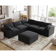Magic Home 120 45 In Modular Barong Linen Flannel Flared Arm Large 6 Seat L Shape Corner Sectional Sofa With Storage Ottoman Black