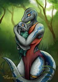 144063 - safe, artist:fluffyspawn, blue (jurassic world), dinosaur, raptor,  anthro, jurassic world, ambiguous gender, child, female, holding,  offspring, tail, young - Furbooru