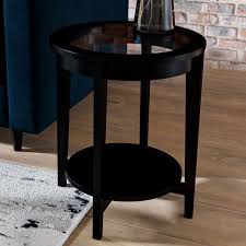Round Black Wood Side Table With Glass Top