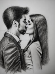 a pencil sketch of a couple kissing