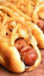 bacon and fried onions bbq hot dogs
