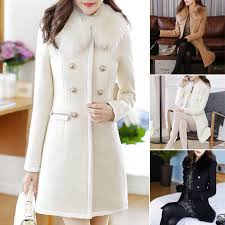 Womens Winter Warm Wool Fur Collar Coat
