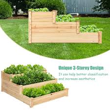 Giantex 3 Tier Raised Garden Bed Wood Elevated Planter Box Vegetable Flower Growing Bed Kit Outdoor Planting Container For Backyard Lawn Patio