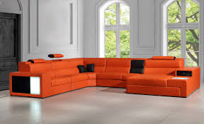 2 pc modern yellow italian leather sofa loveseat living room couch set. Polaris Contemporary Orange Leather Sectional Sofa With Lights