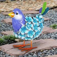 Exhart Solar Blue Metal Bird With 38 Leds In A Flower Garden Statue 6 By 7 5 Inches