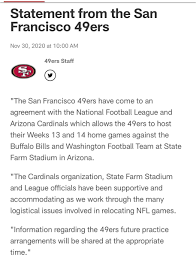 All required background checks and drug screens will be conducted only after a conditional job offer has been extended. Adam Schefter On Twitter 49ers Will Host Their Weeks 13 And 14 Home Games Against The Buffalo Bills And Washington Football Team At State Farm Stadium In Arizona Https T Co Wbzktvcffk