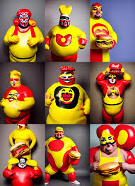 KREA - wide angle lens portrait of a very chubby looking Lucha libre  dressed in yellow and red rubber latex costume holding a huge hamburger,  red Ronald McDonald hairstyle, a Macdonalds logo