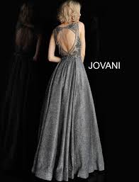 Dark Grey Embellished Bodice Open Back Jovani Gown 65855