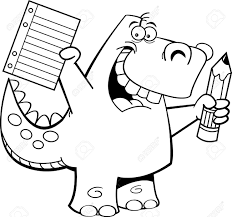 Black And White Illustration Of A Dinosaur Holding A Pencil And