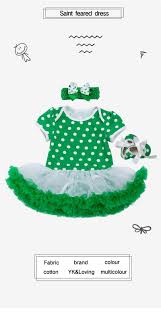2019 2019 St Patricks Day Clothes Sets Girls Fashion Cotton Dress Romper Ruffle Clover Printing Jumpsuit Green Shoes Bowknot Headband Sets From