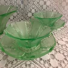 Green Art Deco Glass Dessert Bowls
