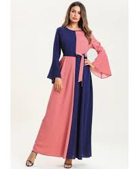 Womens Fashion Long Sleeve Color Matching Ladylike Muslim Long Dress Arabian Clothing