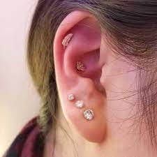 The diversity of ear piercings presented in this picture includes an inner conch piercing and an outer conch piercing. Inner Conch Piercing