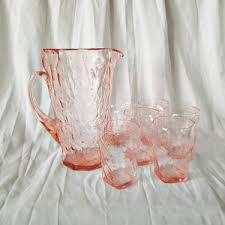 Vintage Pink Crinkle Glass Pitcher And