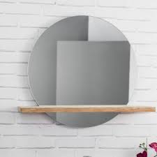 Round mirror in wooden frame on turquoise wall in bathroom, zero waste concept. Bathroom Mirror Solid Wood Teak Shelf Bologna Round Natural D 60 Cm