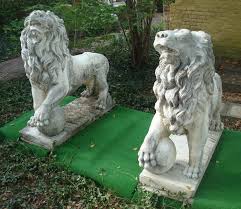Pair Large Lion Statues Cast Stone