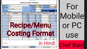 recipe costing menu costing format for