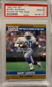 Barry sanders autographed 1989 topps traded rookie card #83t detroit lions auto grade gem mint 10 beckett bas stock #181874. 1990 Pro Set Barry Sanders 1 Rookie Of The Year Graded Psa 10 Ebay