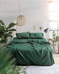 3 piece linen bedding set forest green