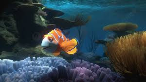 clownfish swims with an ocean scene
