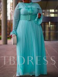 Plus Size Stand Collar Floor Length Pleated Long Sleeve Pullover Womens Dress