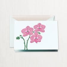 Four handmade folded note cards (blank) & lined envelopes, set of 4. Crane Stationery Engraved Violet Orchid Note Cf766