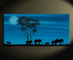 Blue Painting African Elephant Art Moon