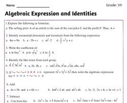 Algebraic Expressions Worksheet For Class 7