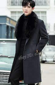 Men Faux Fur Collar Trench Coat Wool