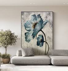 Abstract Blue Flowers Oil Painting On