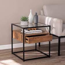 Natural Glass Top Storage End Table