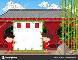 Border Template With Chinese Kids At Temple Stock Vector Brgfx