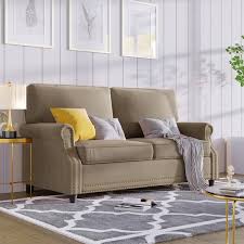 Gosalmon 64 5 In Wide Rolled Arm Velvet Straight Sofa In Brown Loveseat 2 Seater Sofa With Nailhead
