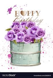 Happy Birthday Card With Watercolor Violet Roses