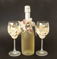 Wine Glasses White Gold Flowers Wedding