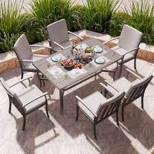 Egeiroslife Brown 7 Piece Aluminum Outdoor Dining Set With Rectangle Table And Gray Cushions